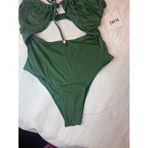 Envya Olive Front Tie 1 Piece Swimsuit Size Small RefN05 - Picture 5 of 7